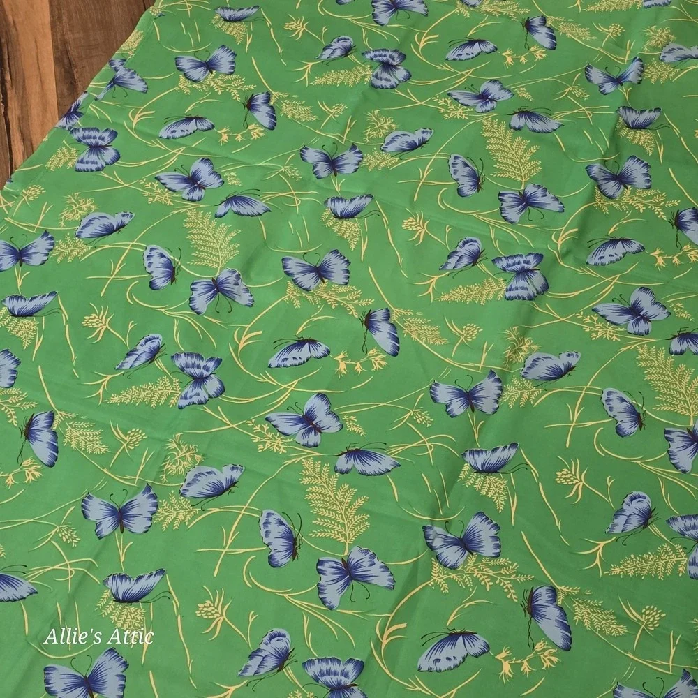Vintage Butterfly Fabric Oriental Asian Green Blue Gold Floral Silky 3+ Yd